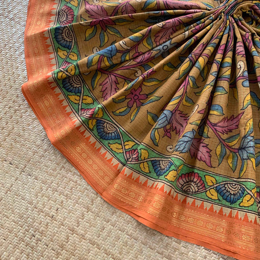 Mustard Kalamkari Hand Painted on Chettinad Cotton saree