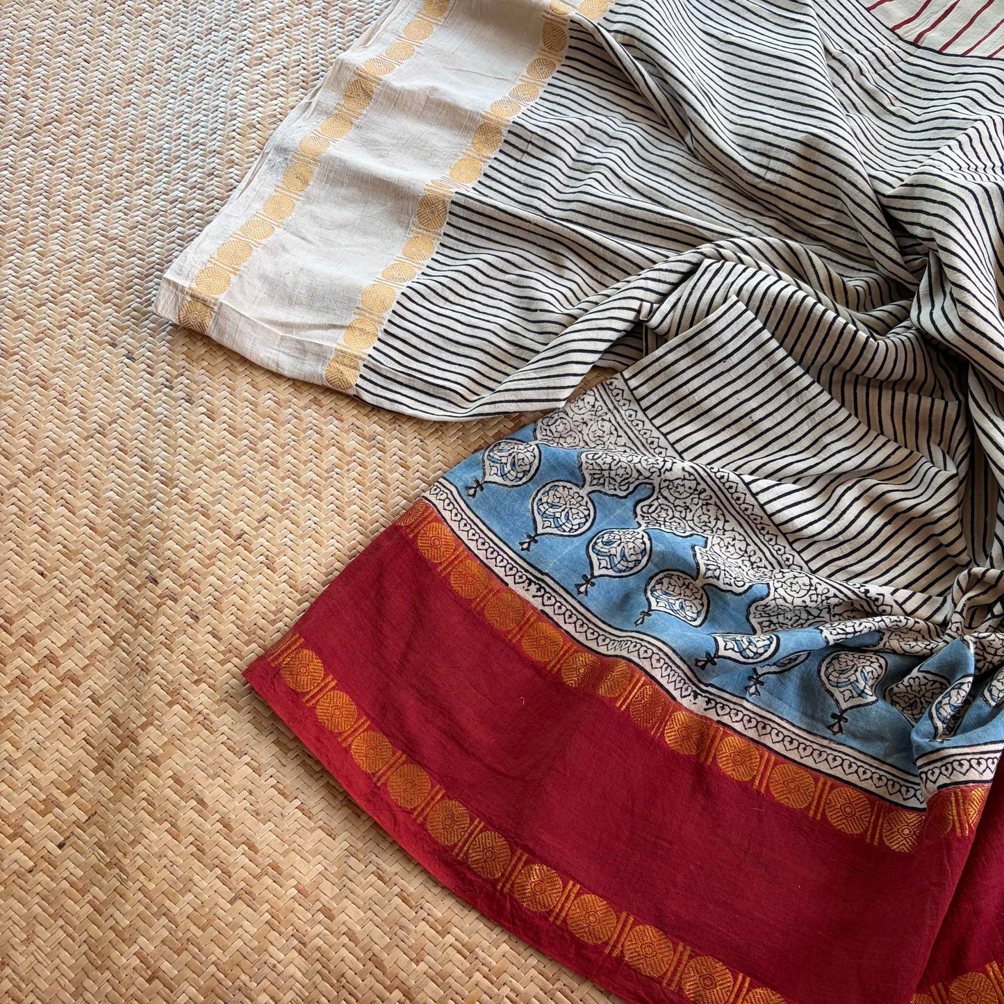 Off White Stripes, Ajrak Hand Block Printed On Madurai Cotton Saree With Zari