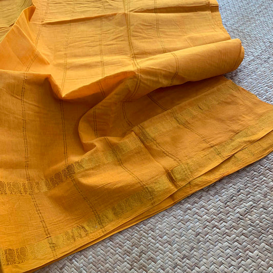 Yellow Saree , Zari Annam Rettai Pettu Border , Clamp dyed (Kattu sayam).