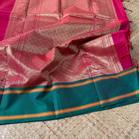 Kanchipuram Cotton Saree, Pink Double Tone Saree with Green Border with Grand Pallu and Yazhi Chakkaram Butta