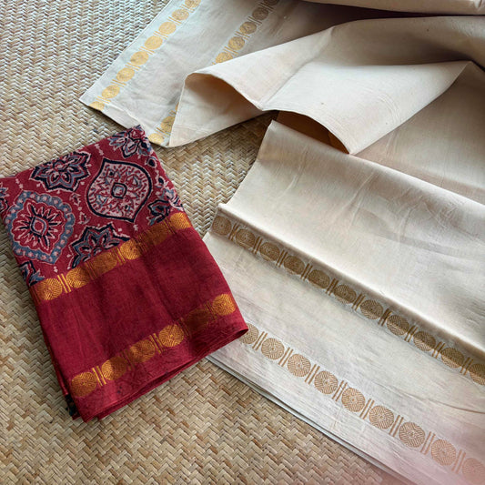 Ivory Saree With Ajrak Blouse , Zari Rudraksham Rettai Pettu Border , Clamp dyed (Kattu sayam)