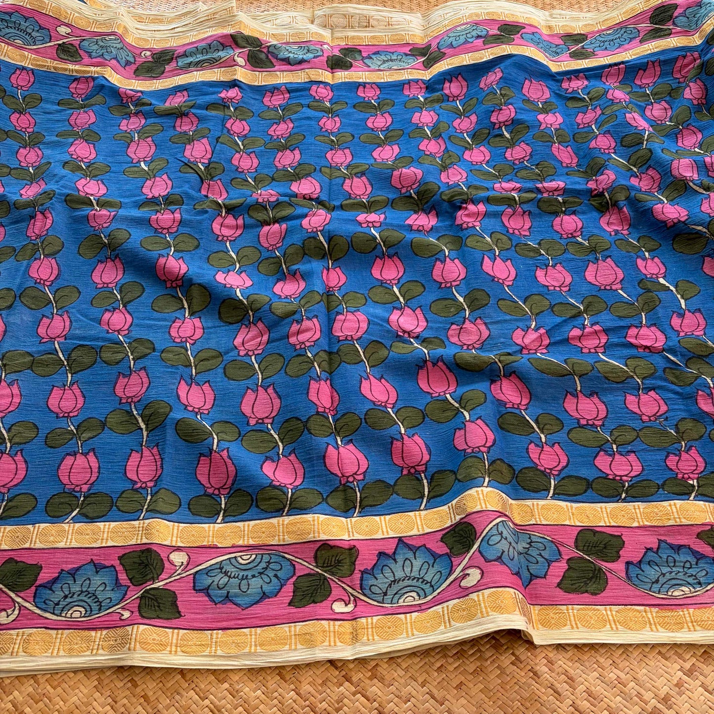Blue Kalamkari Hand Painted on Cotton Sungudi Saree With Blouse