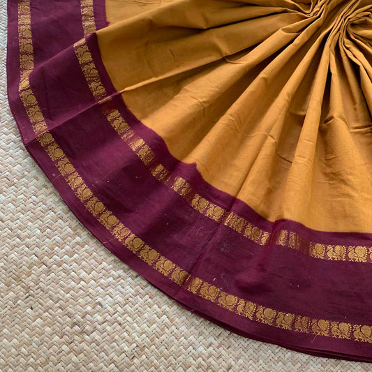 Mustard Saree With Beetle Nut Brown Border, Zari Annam Rettai Pettu Border , Clamp dyed (Kattu sayam).