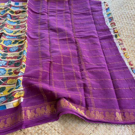 Multicoloured Kalamkari Hand Painted on a Madurai Velthari Sungudi Cotton saree.