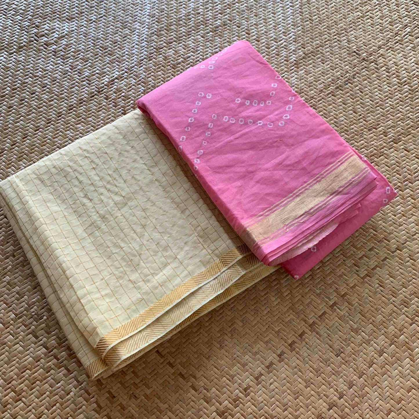 Pink Dupatta And Top Fabric, Hand woven, Hand knotted Sungudi Cotton Kaikattu Sungadi