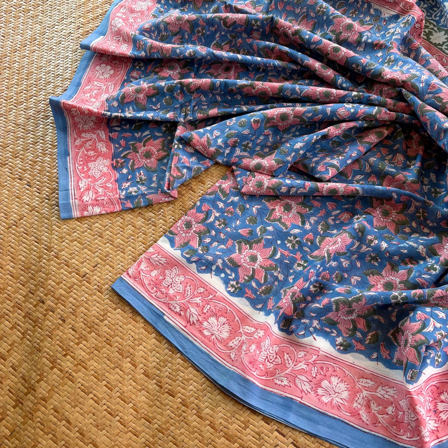 Mul Mul Cotton saree, Hand Block Printed, Blue