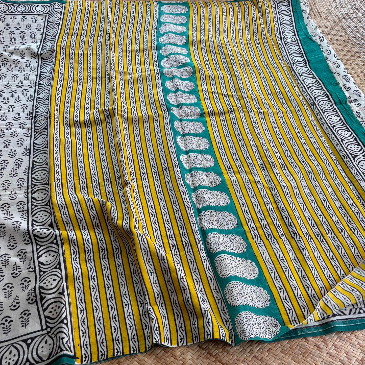 Mul Mul Cotton saree, Hand Block Printed, Beige