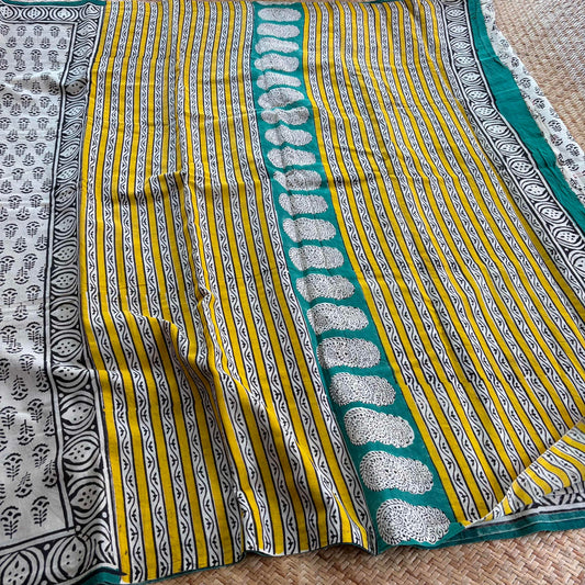 Mul Mul Cotton saree, Hand Block Printed, Beige