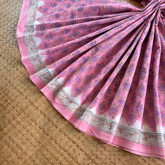Mul Mul Cotton saree, Hand Block Printed, Pink