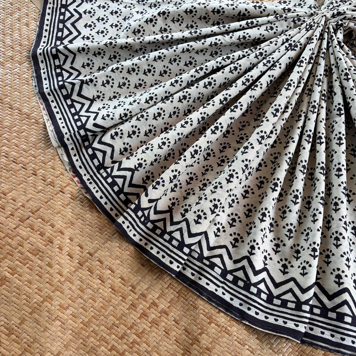 Mul Mul Cotton saree, Hand Block Printed, Cream