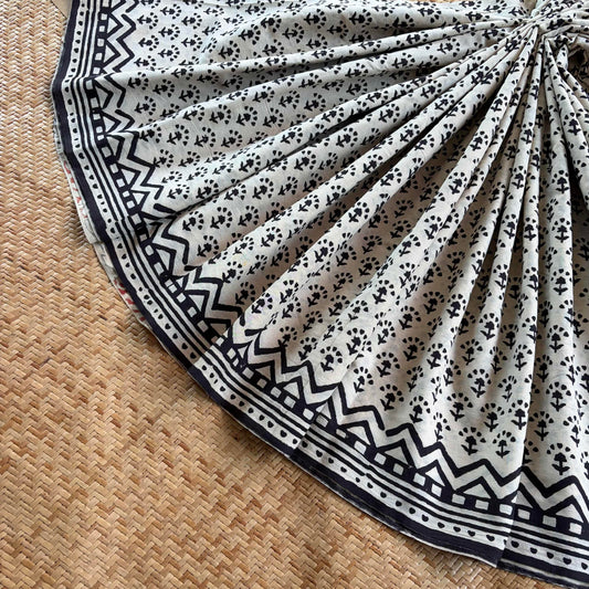 Mul Mul Cotton saree, Hand Block Printed, Cream