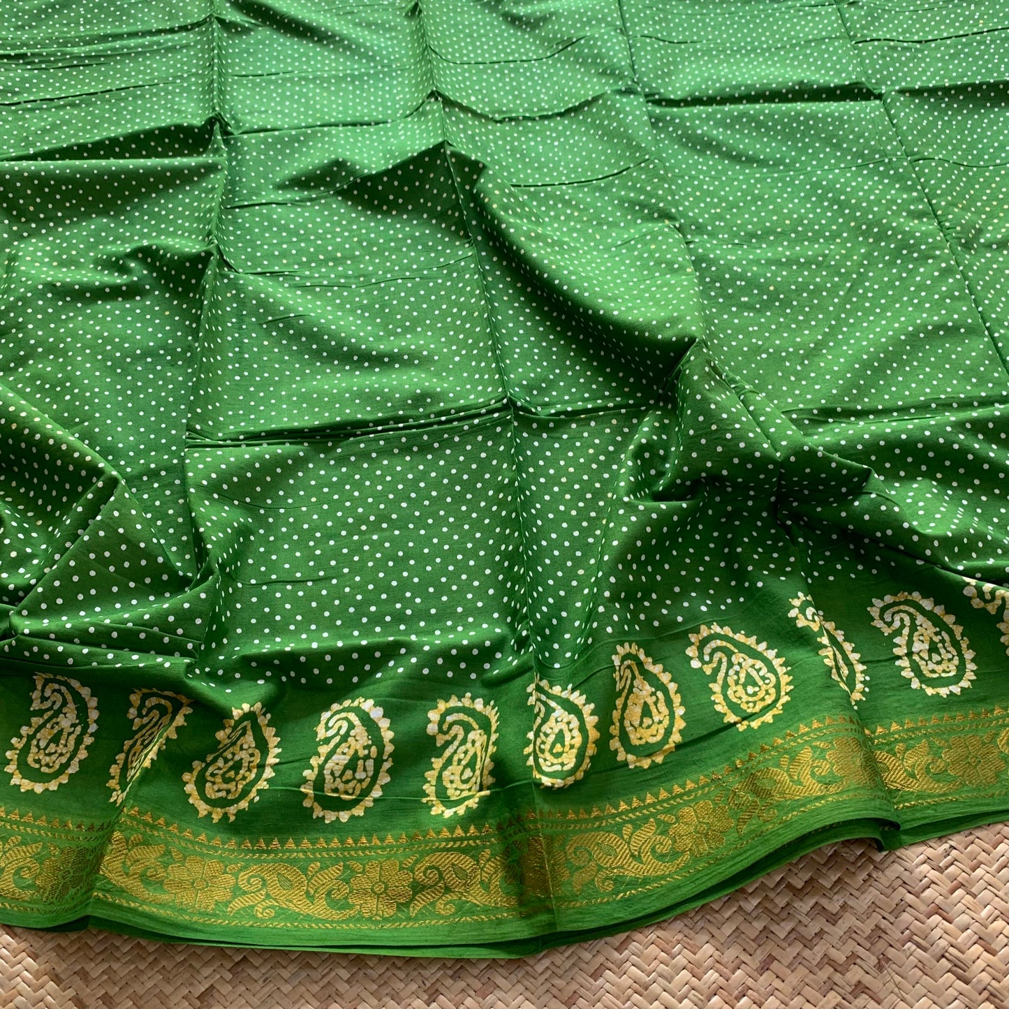 Green Hand Crafted wax print Sungudi Mul Mul Cotton Saree