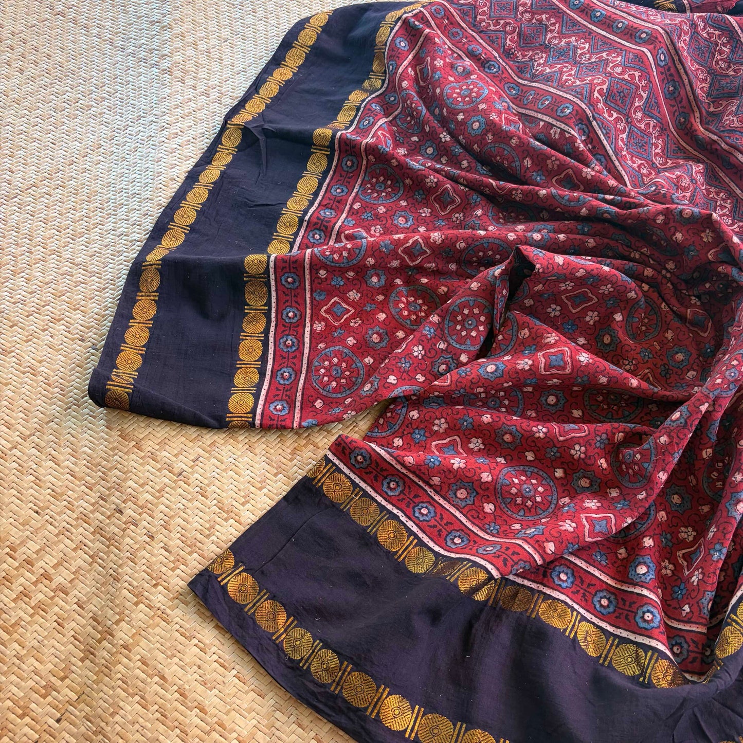 Vintage- Rudraksha Border, Ajrak Hand Block Printed On Madurai Cotton Saree With Zari