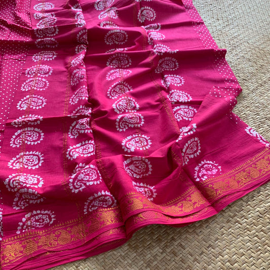 Pink Hand Crafted wax print Sungudi Mul Mul Cotton Saree