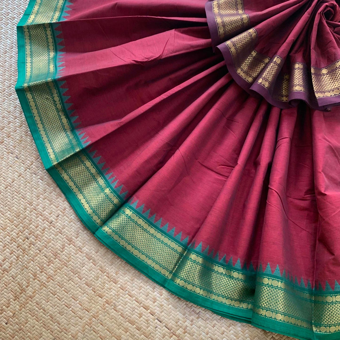 Maroon Saree Green Ganga Jamuna Border, Chettinad cotton saree