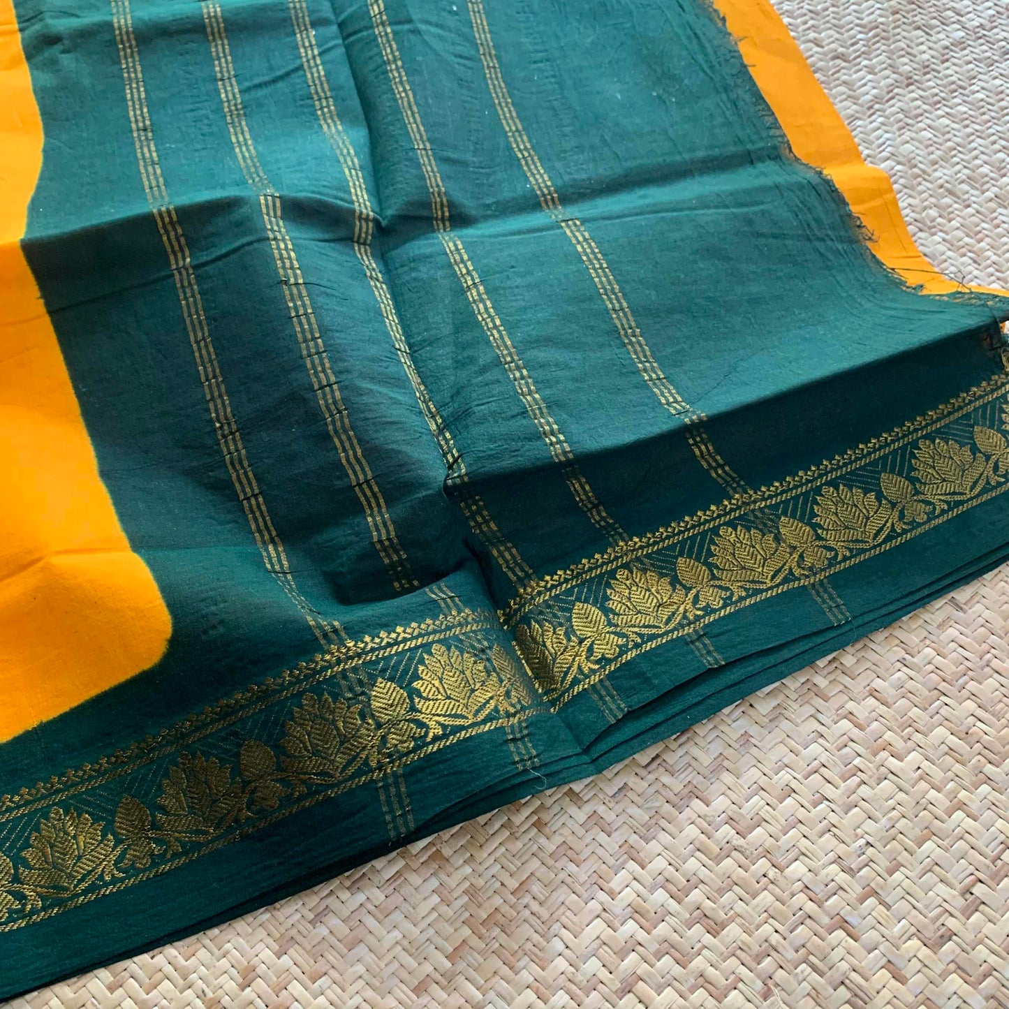 Yellow Saree With Green Half Fine Zari Border, Clamp dyed (Kattu sayam).