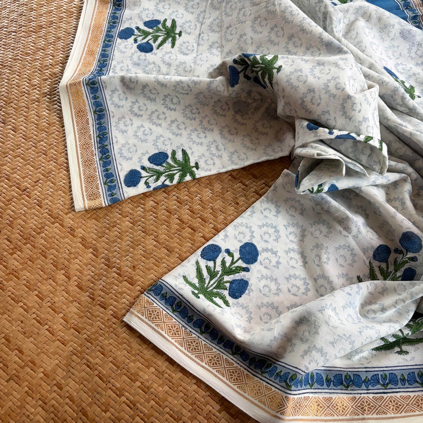 White, Jaipur Hand Block Printed On Madurai Cotton Saree With Zari