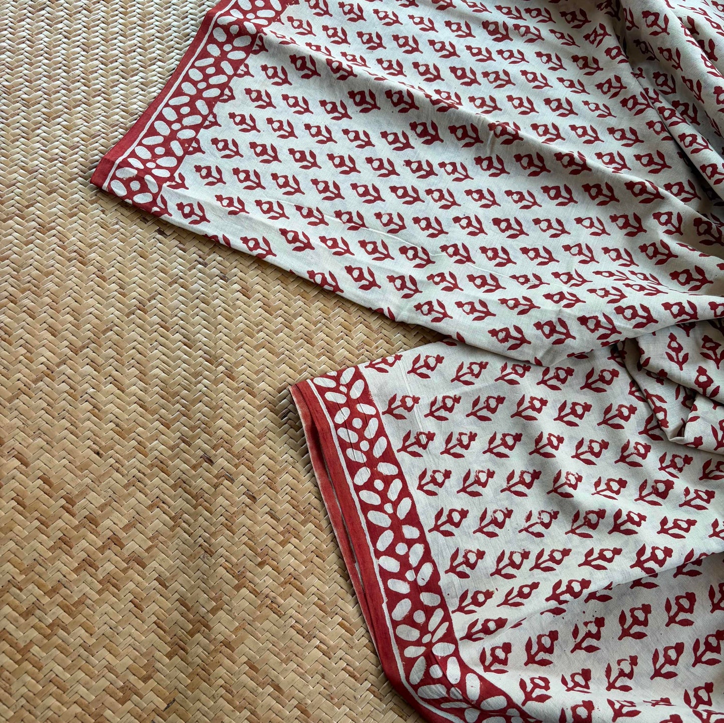 Mul Mul Cotton saree, Hand Block Printed, Cream