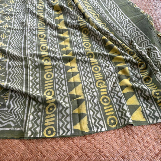 Mul Mul Cotton saree, Hand Block Printed, Green