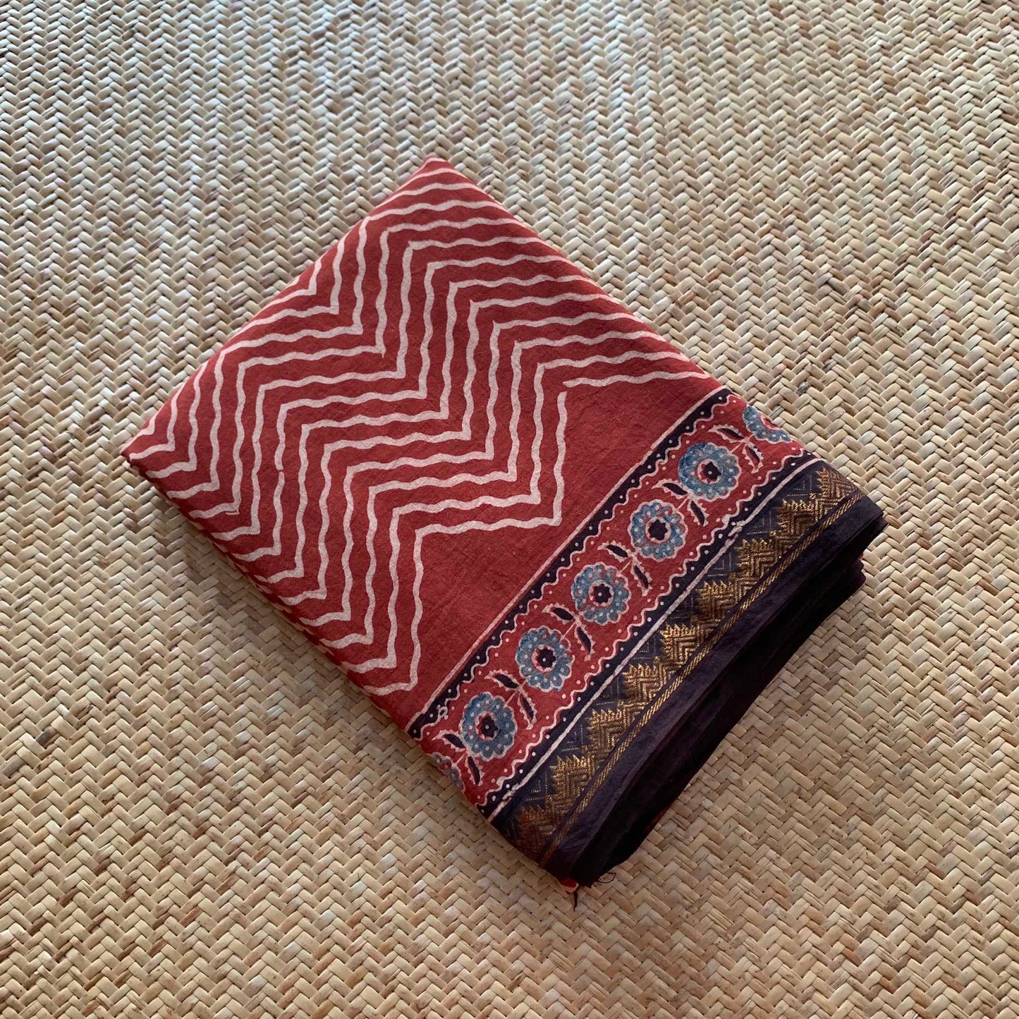 Herringbone Madder, Ajrak Hand Block Printed On Madurai Cotton Saree With Zari