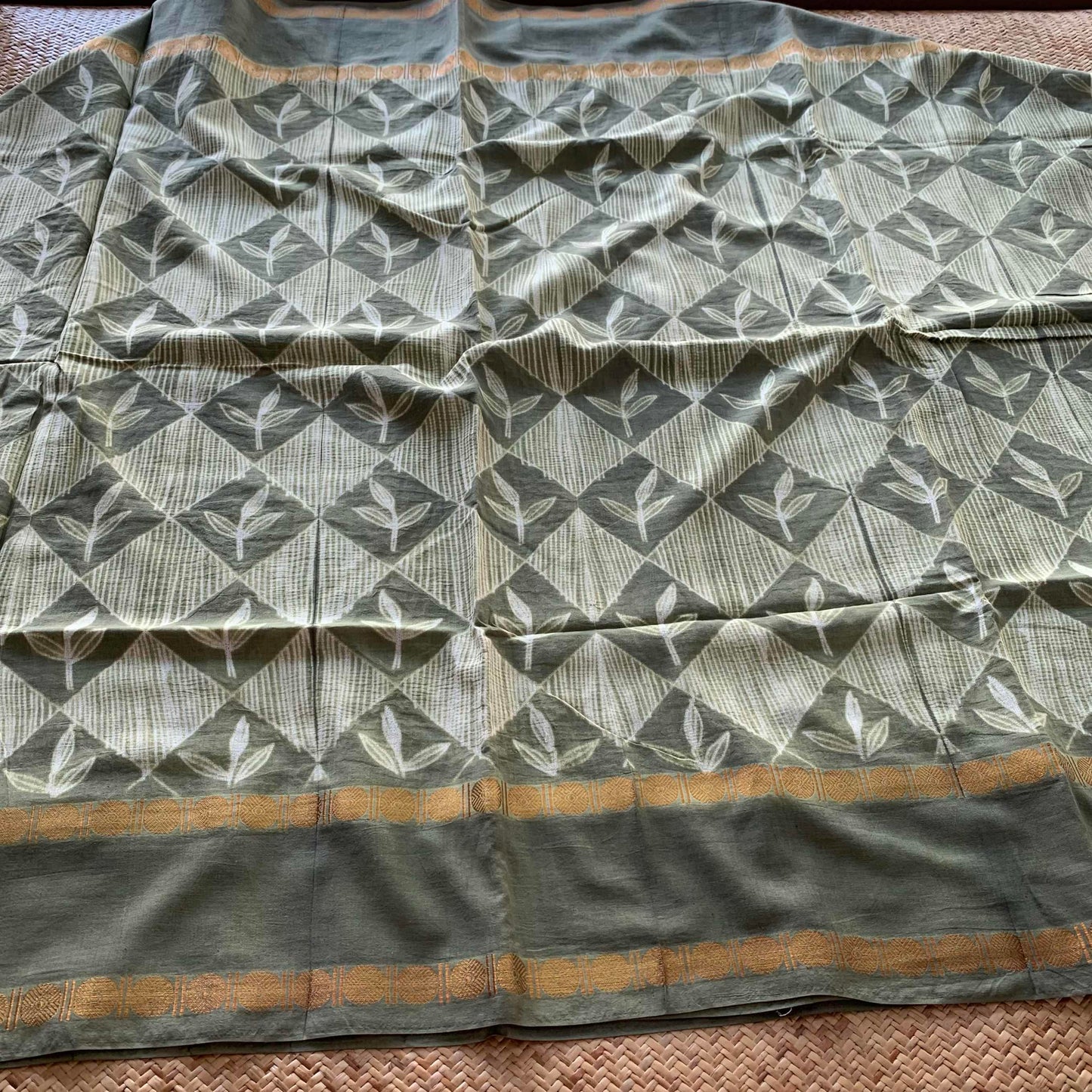 Tea Leaves - Smoke Green, Hand Crafted Shibori Sungudi Cotton Saree