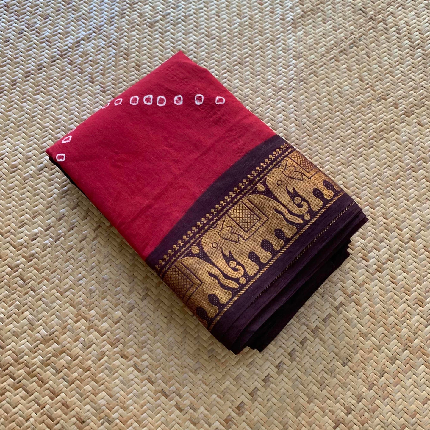 Red And Brown, Hand knotted Sungudi , Kaikattu Cotton Sungadi