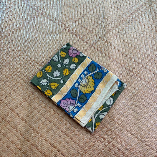 Green Floral, Kalamkari Hand Painted on a Madurai Sungudi Cotton 1.20 METER FABRIC