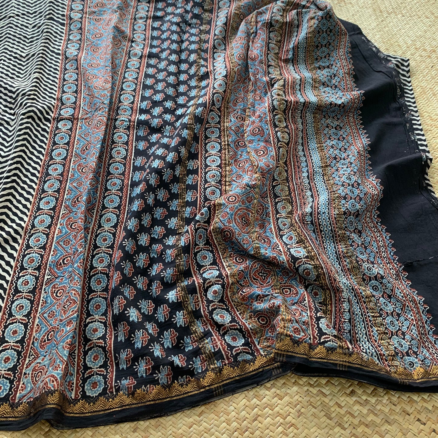 Herringbone , Ajrak Hand Block Printed On Madurai Cotton Saree With Zari