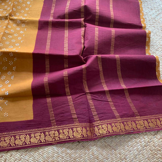 Mustard With Brown Wax Print, Half Fine Zari Premium Sungudi Cotton Sarees