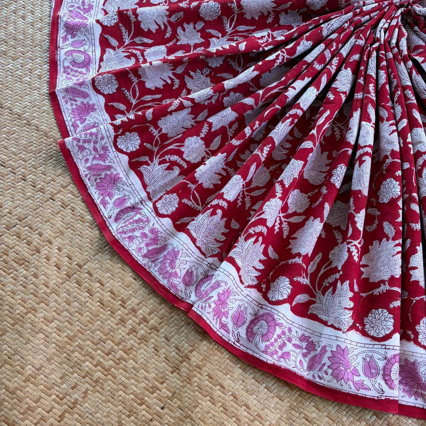 Mul Mul Cotton saree, Hand Block Printed, Red