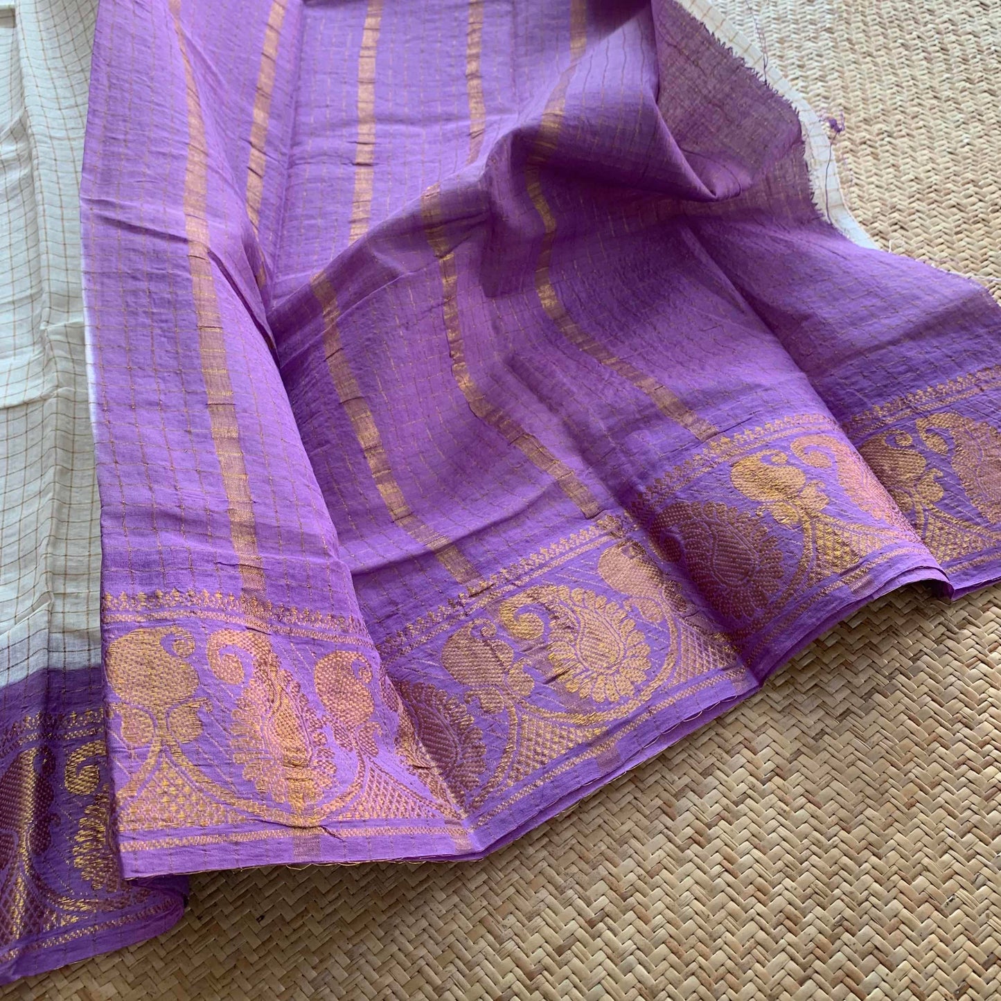 Pure White Saree With Lavender Border, Madurai Kattam, Sungudi Cotton Saree