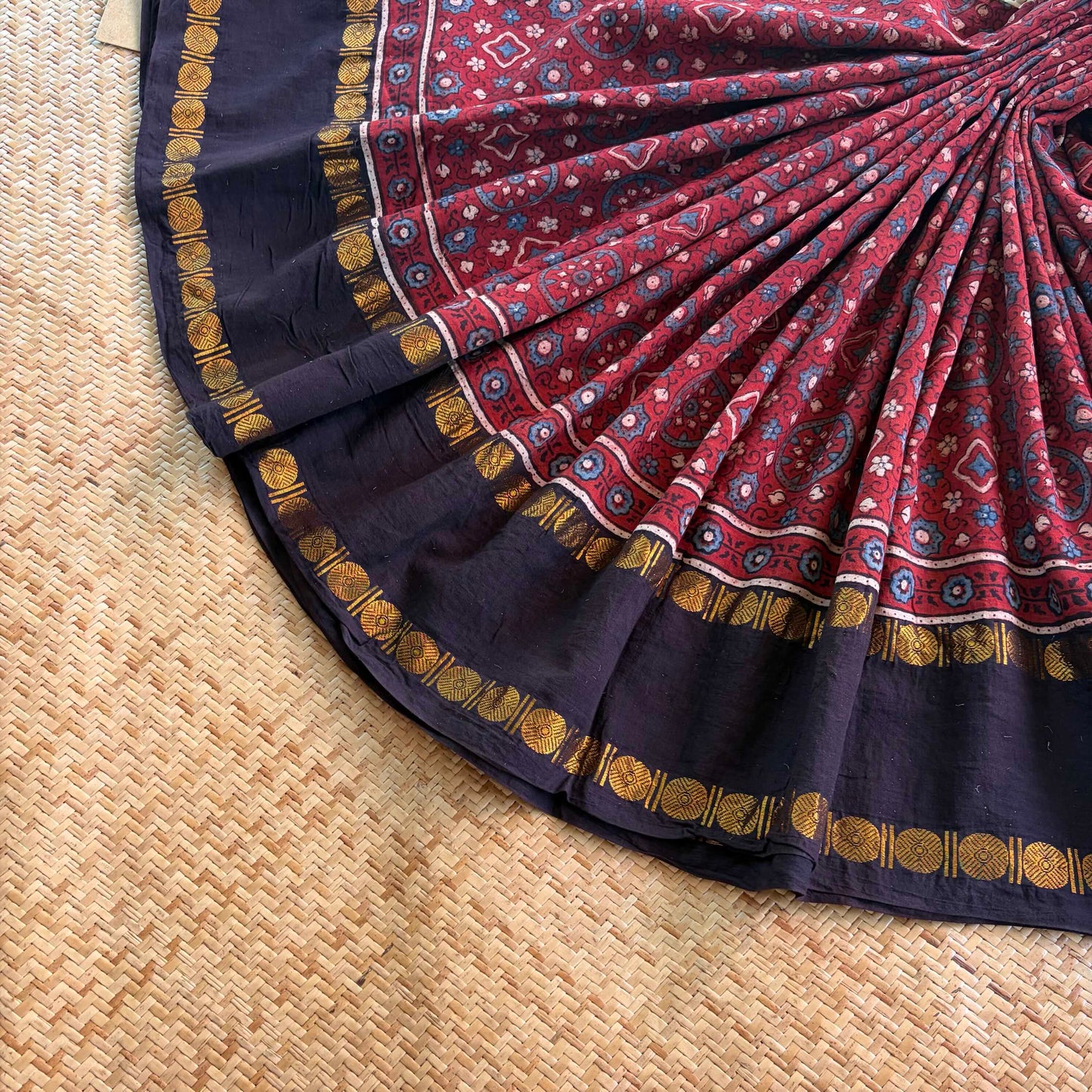 Vintage- Rudraksha Border, Ajrak Hand Block Printed On Madurai Cotton Saree With Zari