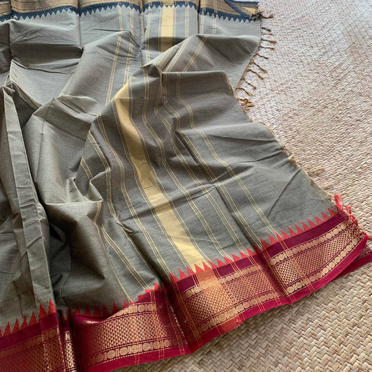 Grey Saree Black Ganga Jamuna Border, Chettinad cotton saree