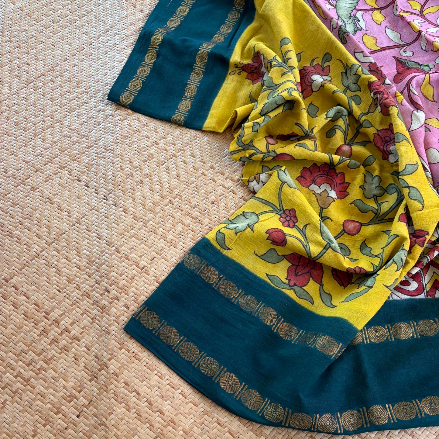 Botanical, Kalamkari Hand Painted on a Madurai Sungudi Cotton saree.