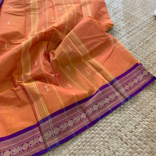 Orange with purple Thread Border, Chettinadu Cotton Saree