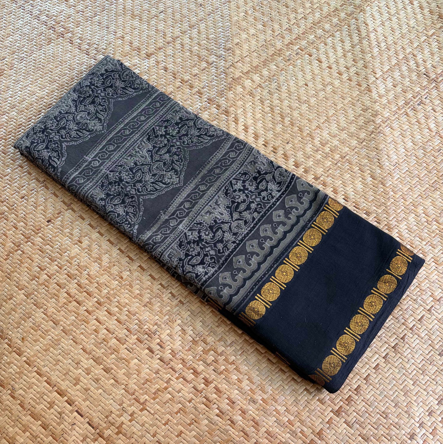 Grey, Ajrak Hand Block Printed On Madurai Cotton Saree With Zari