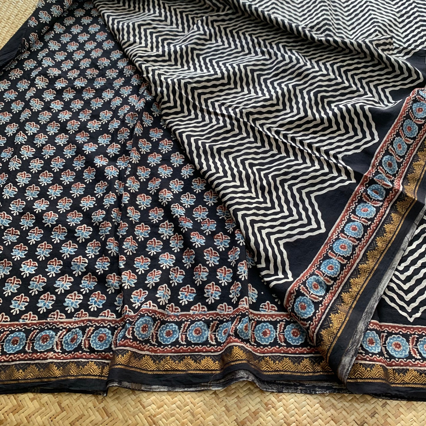 Herringbone , Ajrak Hand Block Printed On Madurai Cotton Saree With Zari