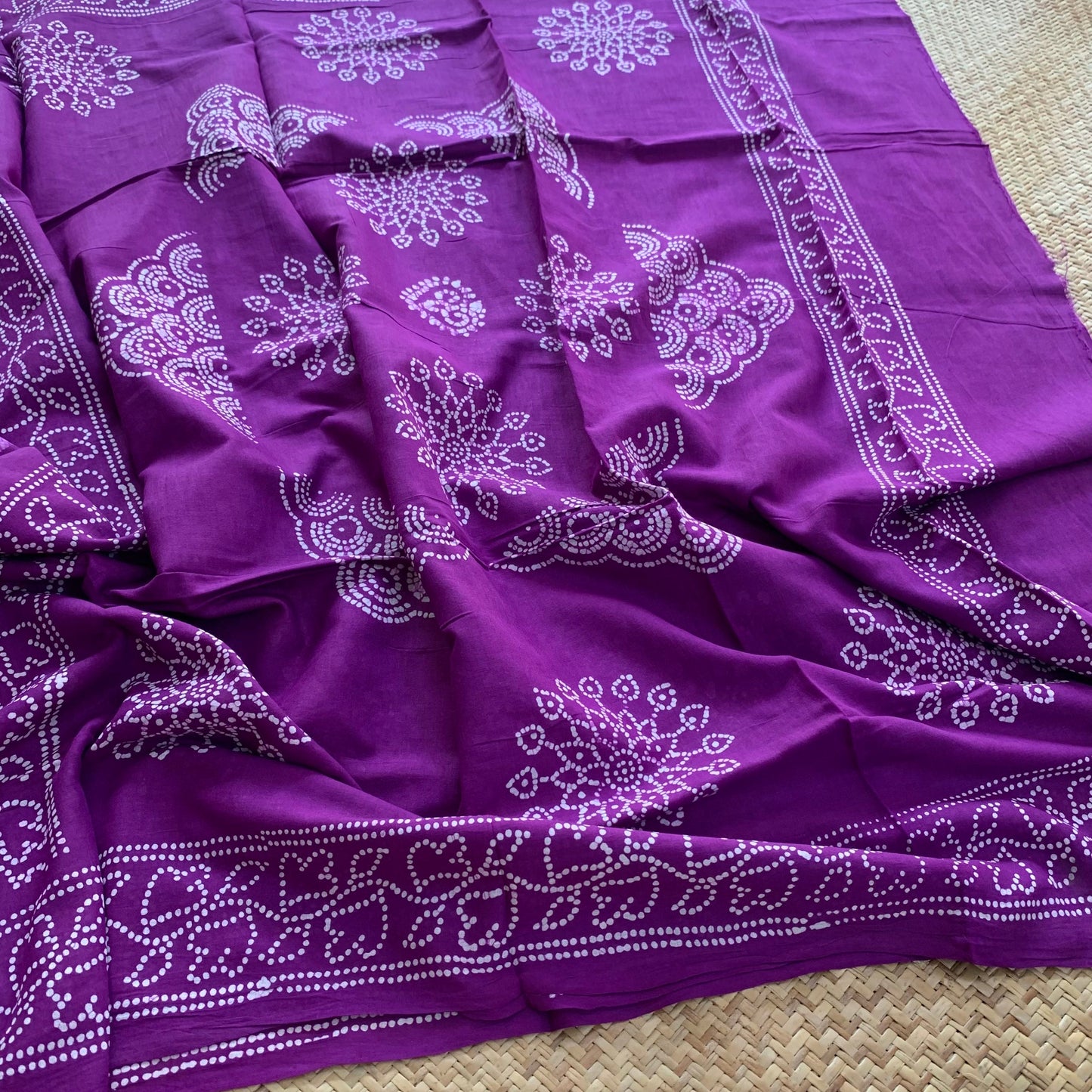 Purple Hand Crafted wax print Sungudi Mul Mul Cotton Saree