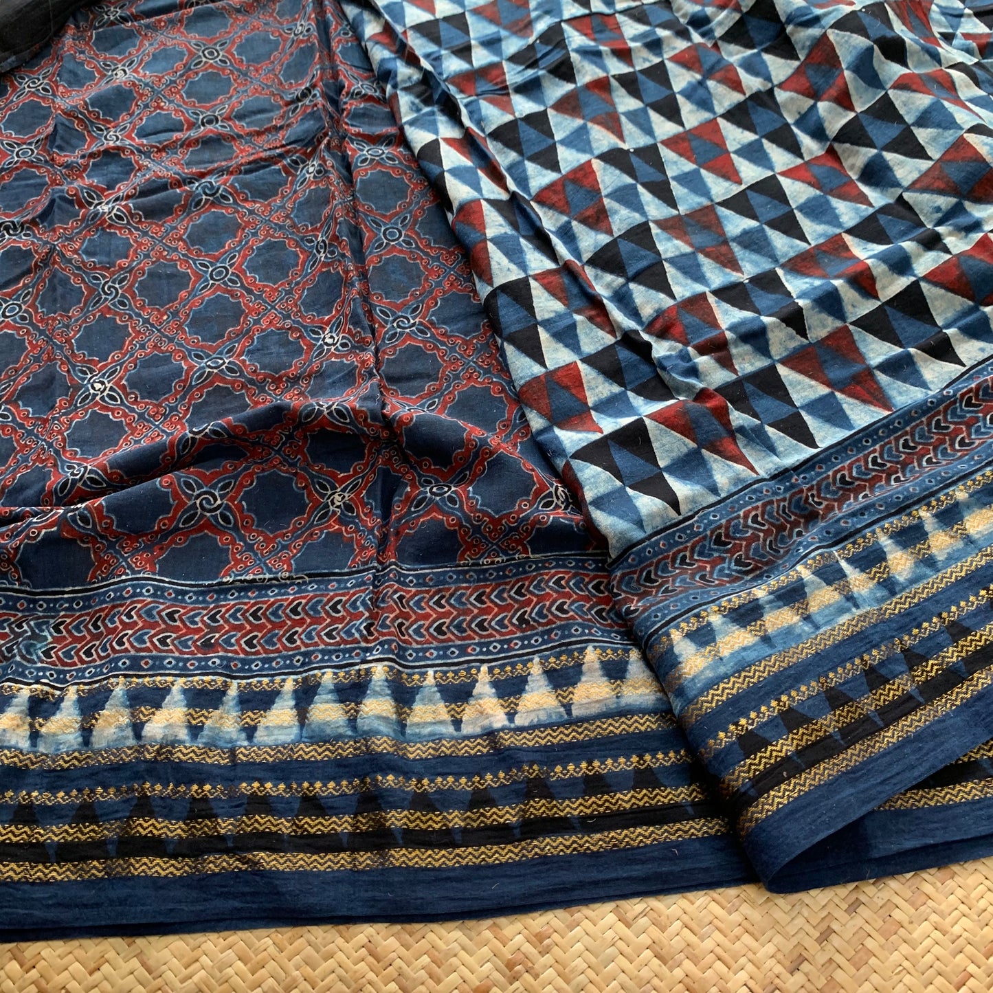 Triangles-Indigo, Ajrak Hand Block Printed On Madurai Cotton Saree With Zari