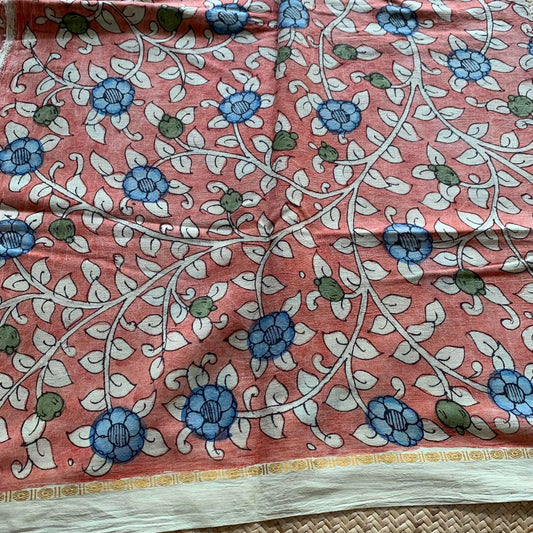 Orange Floral, Kalamkari Hand Painted on a Madurai Sungudi Cotton CUT FABRIC