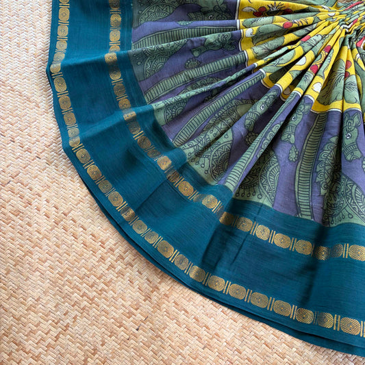 Horse, Kalamkari Hand Painted on a Madurai Sungudi Cotton saree.