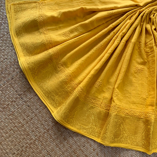 Yellow Chickankari Hand Embroidery on a Sungudi Cotton Saree