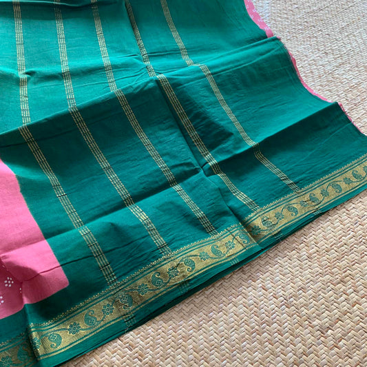 Pink With Gren Wax Print, Half Fine Zari Premium Sungudi Cotton Sarees