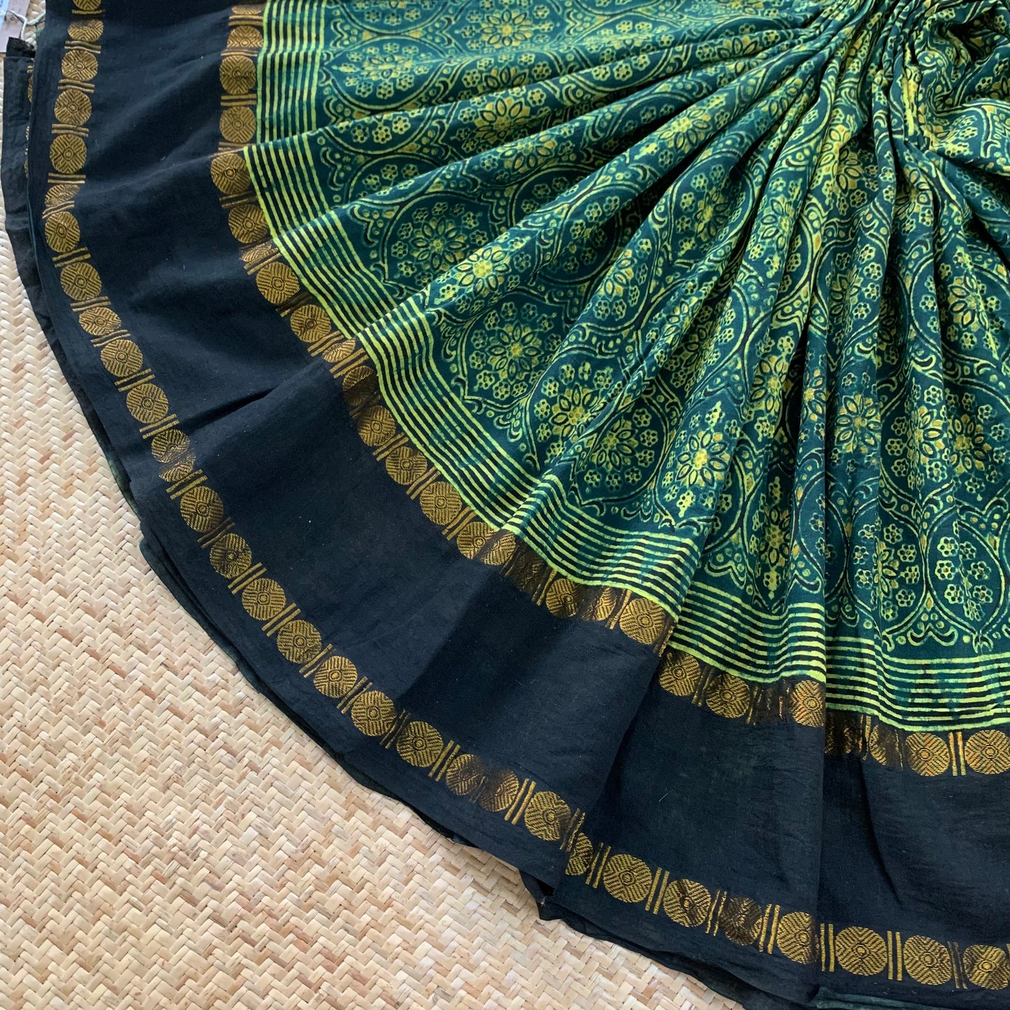 Patterned Flowers, Ajrak Hand Block Printed On Madurai Cotton Saree With Zari