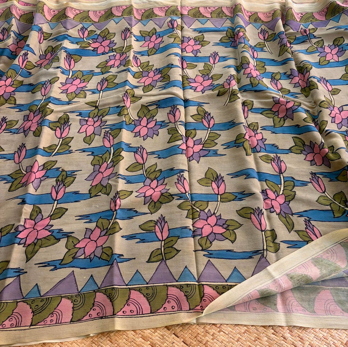Multicoloured Kalamkari Hand Painted on Crape silk