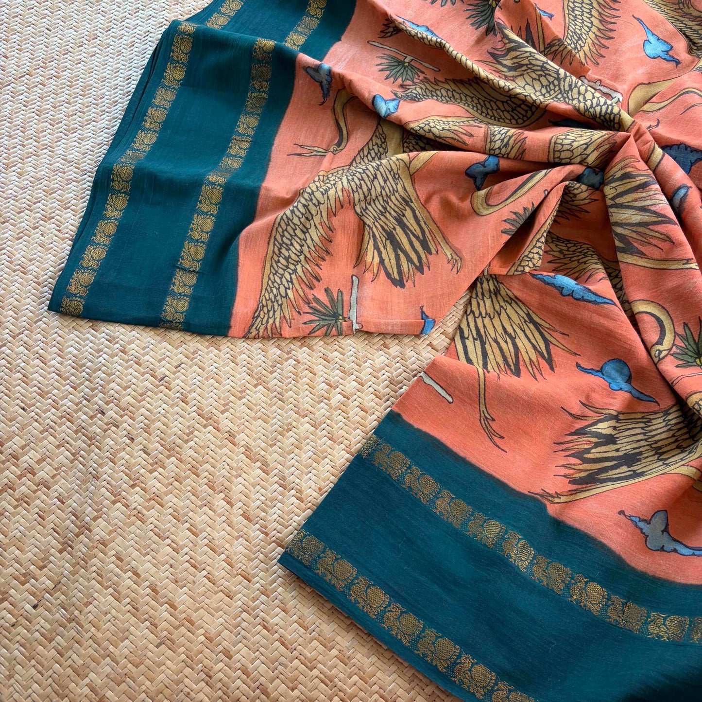 Crane, Kalamkari Hand Painted on a Madurai Sungudi Cotton saree.