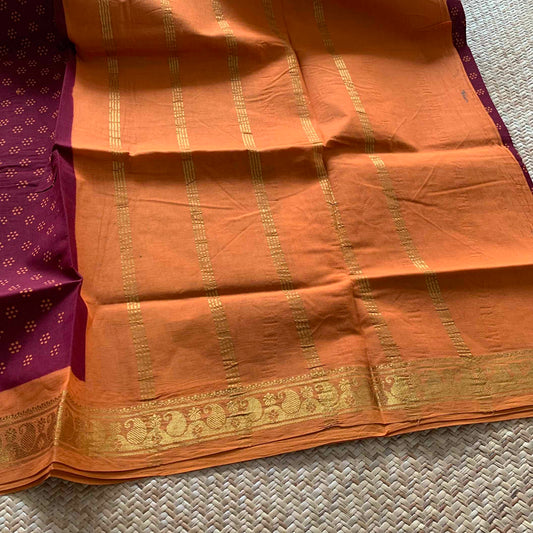 Maroon With Mustard Wax Print, Half Fine Zari Premium Sungudi Cotton Sarees