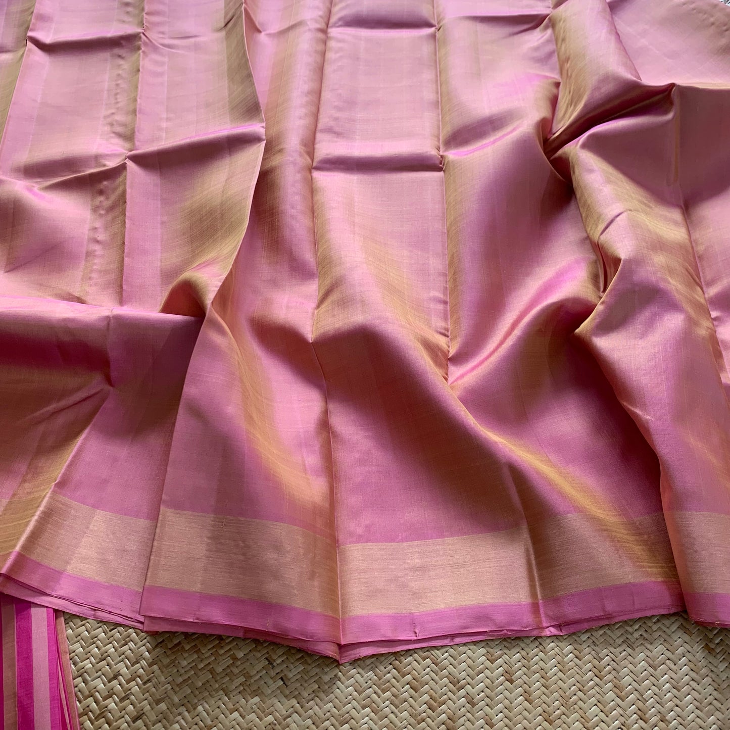 Metalic Pink Saree With Tissue Border, Kanchipuram Silk Saree With Blouse