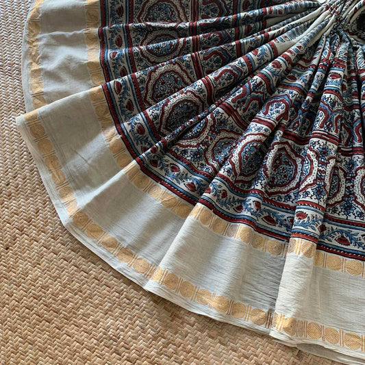 Pinecone-Cream , Ajrak Hand Block Printed On Madurai Cotton Saree With Zari