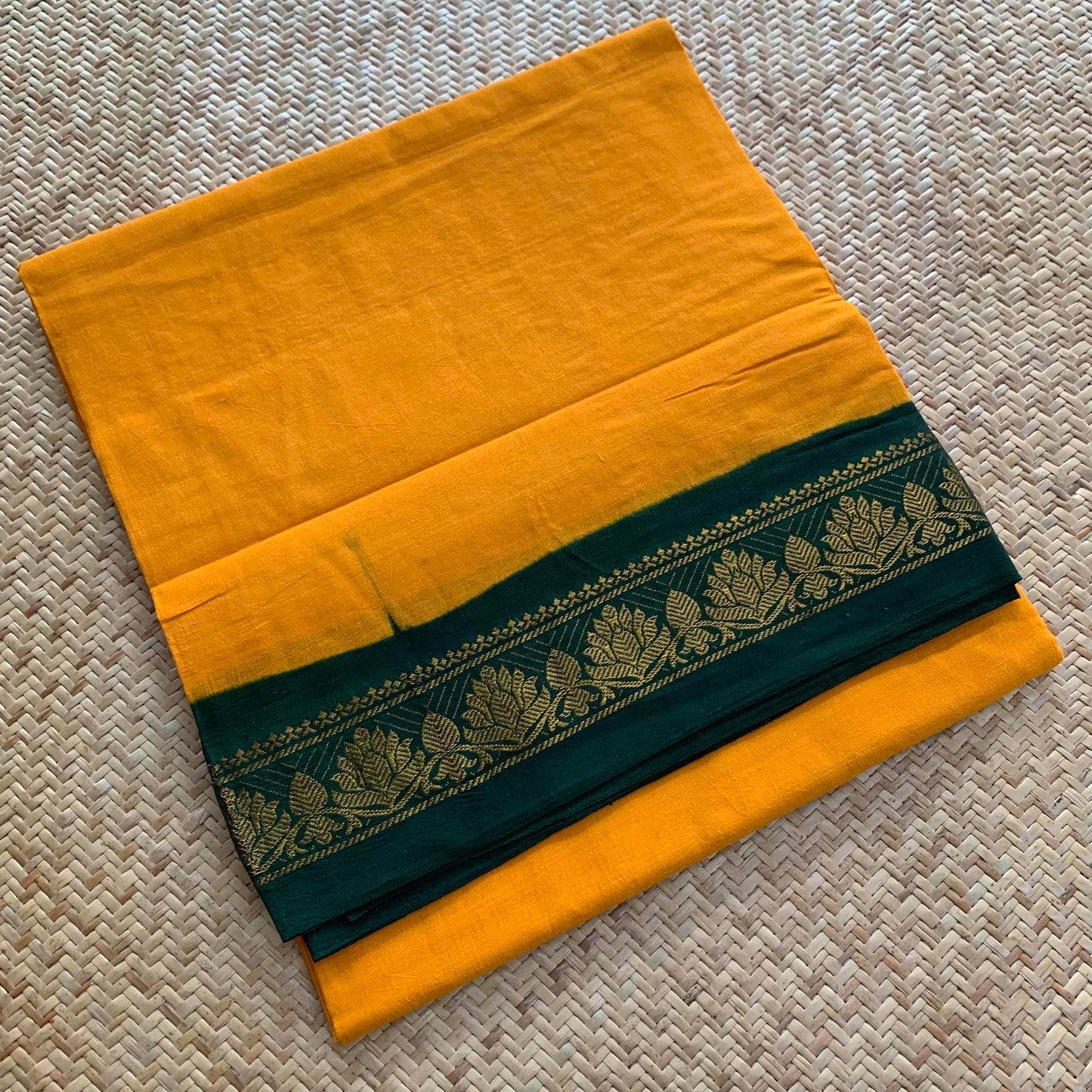 Yellow Saree With Green Half Fine Zari Border, Clamp dyed (Kattu sayam).